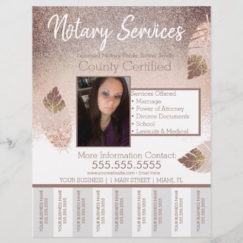 Notary Services Pink Brown Glitter Tear Off Photo  Flyer