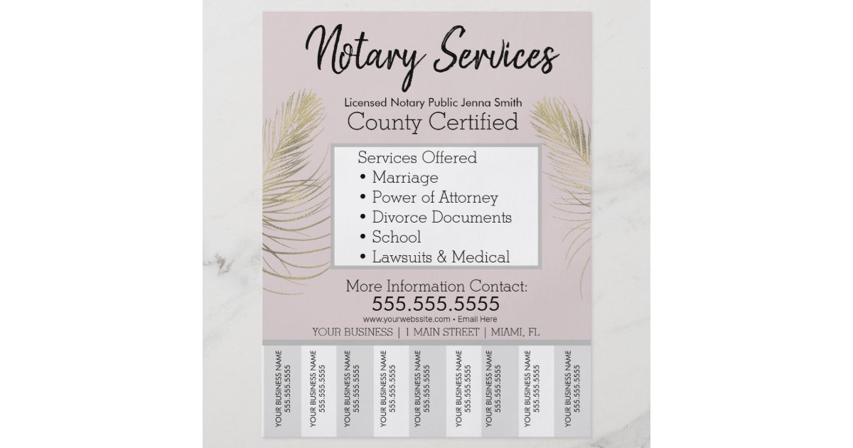 Notary Services Pink Gold Business Tear Off Strips Flyer Zazzle