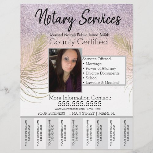 Notary Services Pink Gold Glitter Tear Off Photo Flyer