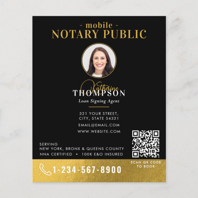 Notary Signing Agent Black Gold Photo QR Code Flyer (Front)