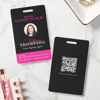 Notary Signing Agent Black Pink Photo QR Code Badge