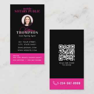 Notary Signing Agent Black Pink Photo QR Code Business Card
