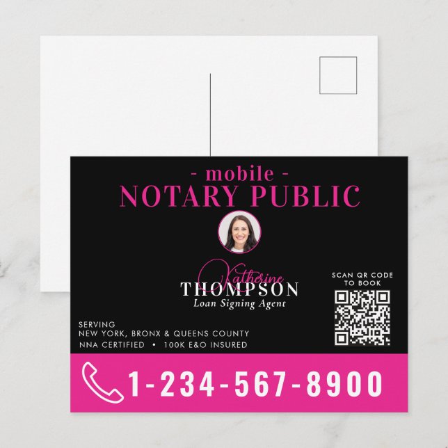 Notary Signing Agent Black Pink Photo QR Code Postcard (Front/Back)