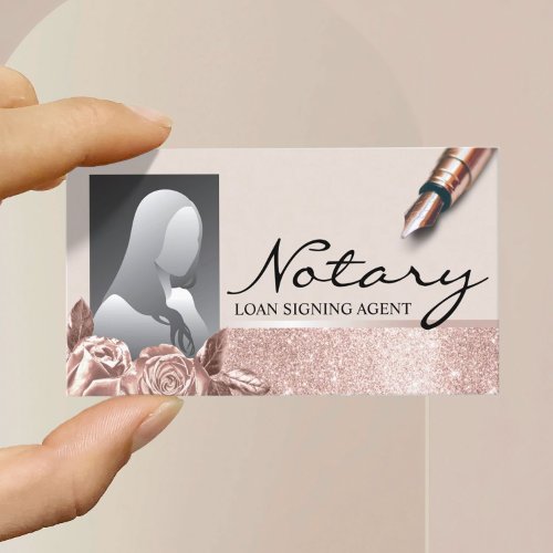 Notary Signing Agent Blush Rose Gold Floral Photo  Business Card