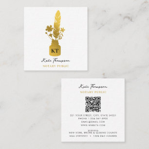 Notary Signing Agent Calligraphy Gold Floral Quill Square Business Card