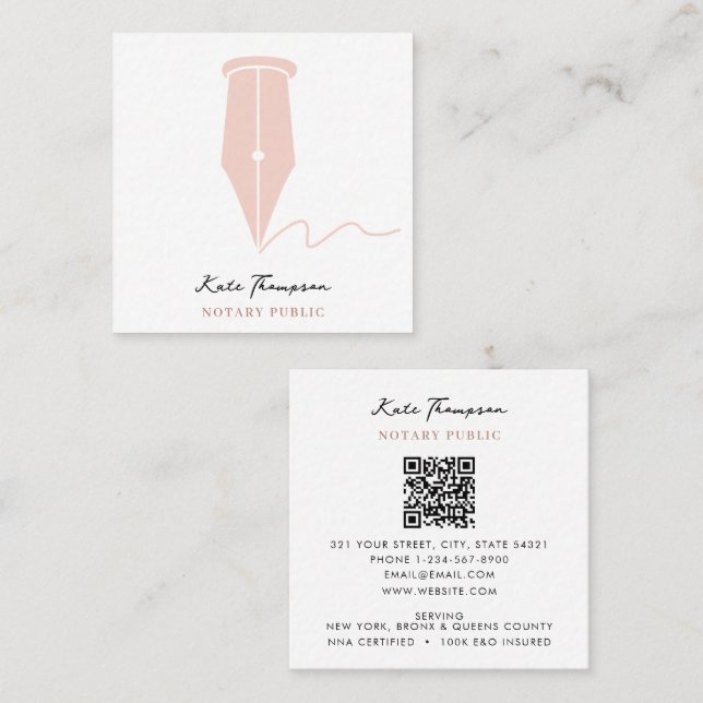 Notary Signing Agent Calligraphy QR Code Pink Square Business Card (Front/Back)