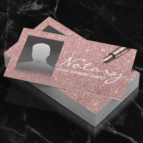 Notary Signing Agent Chic Rose Gold Glitter Photo Business Card