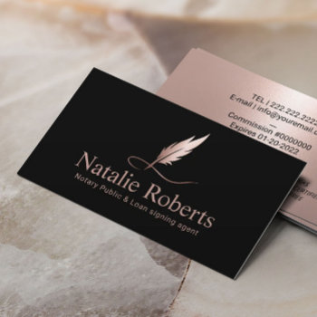 Notary Signing Agent Chic Rose Gold Quill Logo Business Card by cardfactory at Zazzle