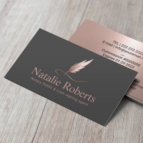 Notary Signing Agent Elegant Rose Gold Quill Logo  Business Card