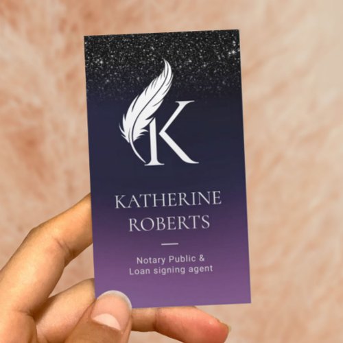 Notary Signing Agent Feather Initial Logo Purple Business Card