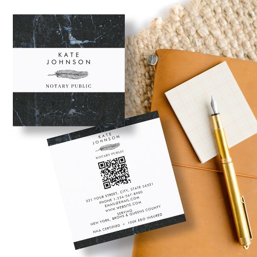 Notary Signing Agent Feather Marble Quill Logo Square Business Card