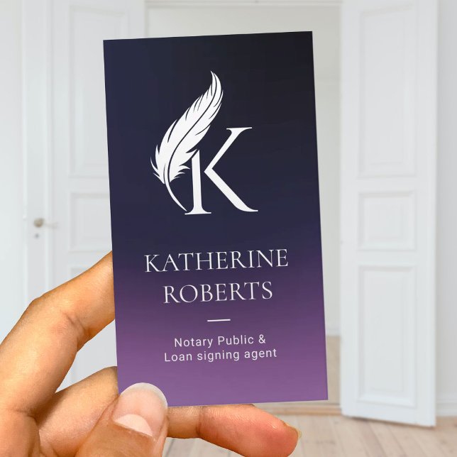 Notary Signing Agent Feather Monogram Logo Purple Business Card (Creator Uploaded)