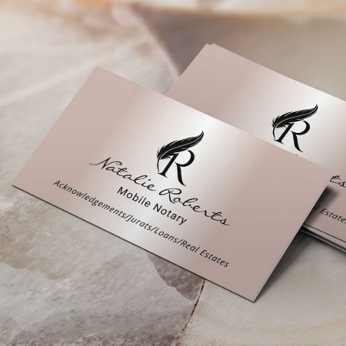 Notary Signing Agent Feather Monogram Rose Gold Business Card