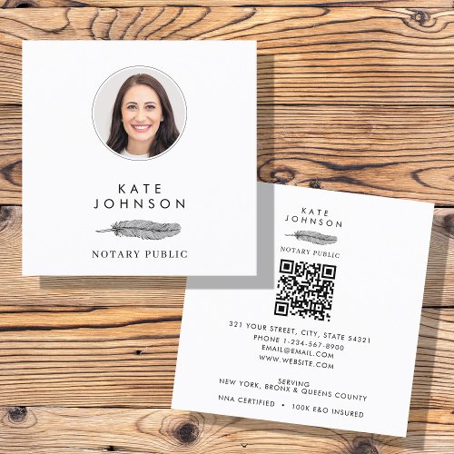Notary Signing Agent Feather Quill Logo Photo Square Business Card