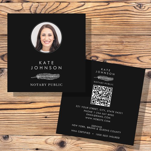 Notary Signing Agent Feather Quill Logo Photo Square Business Card