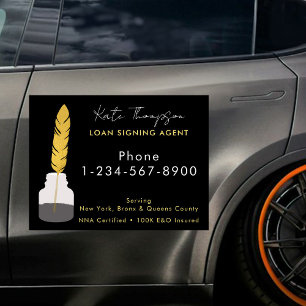 Notary Signing Agent Feather Quill Pen Black Gold Car Magnet