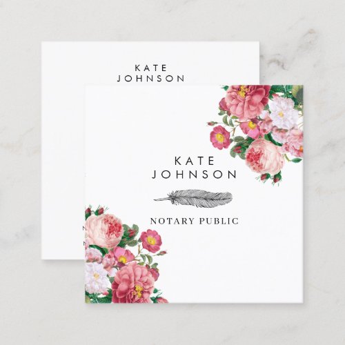 Notary Signing Agent Feather Quill Pink Floral Square Business Card