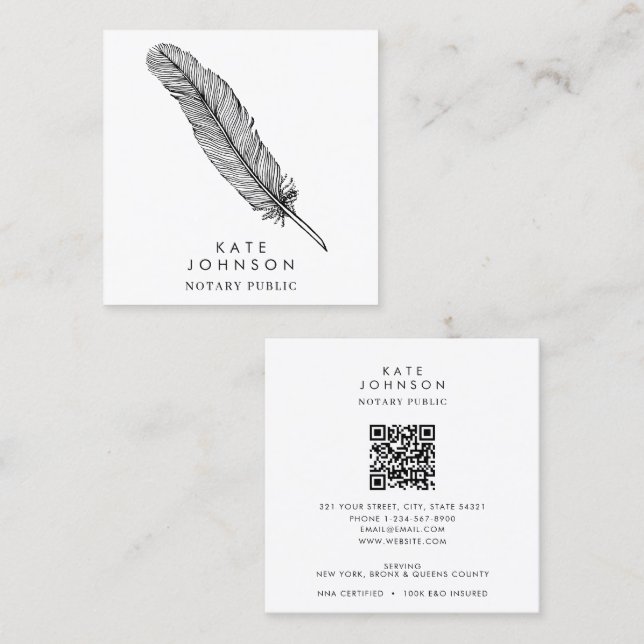 Notary Signing Agent Feather Quill QR Code Square Business Card (Front/Back)