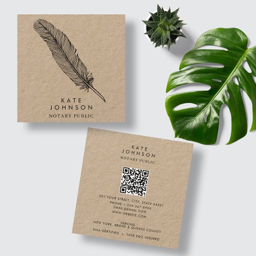 Notary Signing Agent Feather Quill Rustic Kraft Square Business Card
