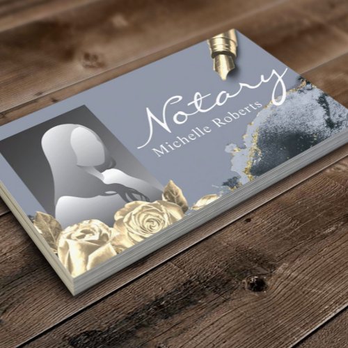 Notary Signing Agent Gold Floral Blue Agate Photo Business Card