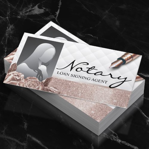 Notary Signing Agent Luxury Rose Gold Floral Photo Business Card