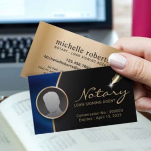 Notary Signing Agent Modern Black & Blue Photo Business Card