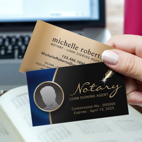 Notary Signing Agent Modern Black  Blue Photo Business Card