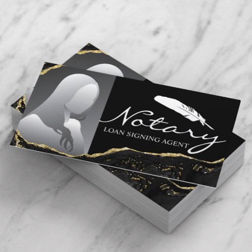 Notary Signing Agent Modern Black Gold Agate Photo Business Card