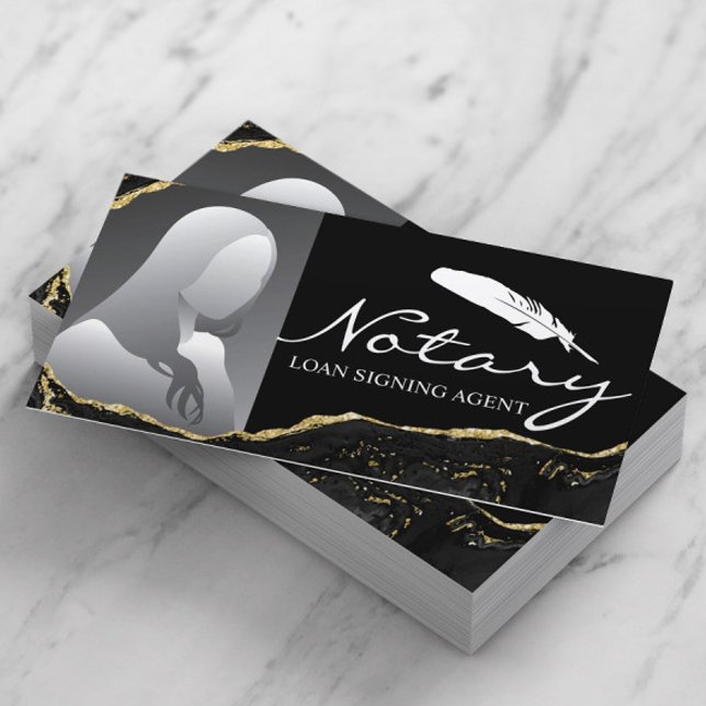 Notary Signing Agent Modern Black Gold Agate Photo Business Card (Creator Uploaded)