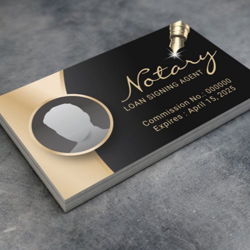 Notary Signing Agent Modern Black  Gold Photo Business Card