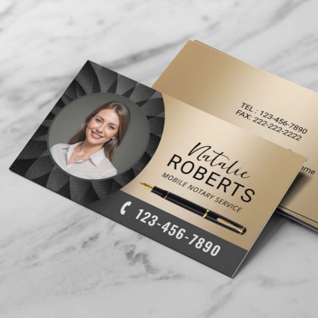 Notary Signing Agent Modern Black & Gold Photo Business Card (Creator Uploaded)