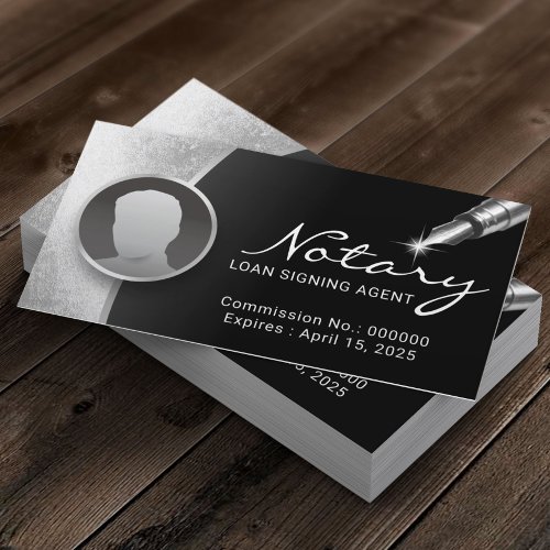 Notary Signing Agent Modern Black  Silver Photo Business Card