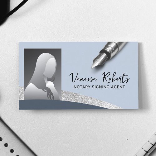 Notary Signing Agent Modern Blue  Silver Photo Business Card