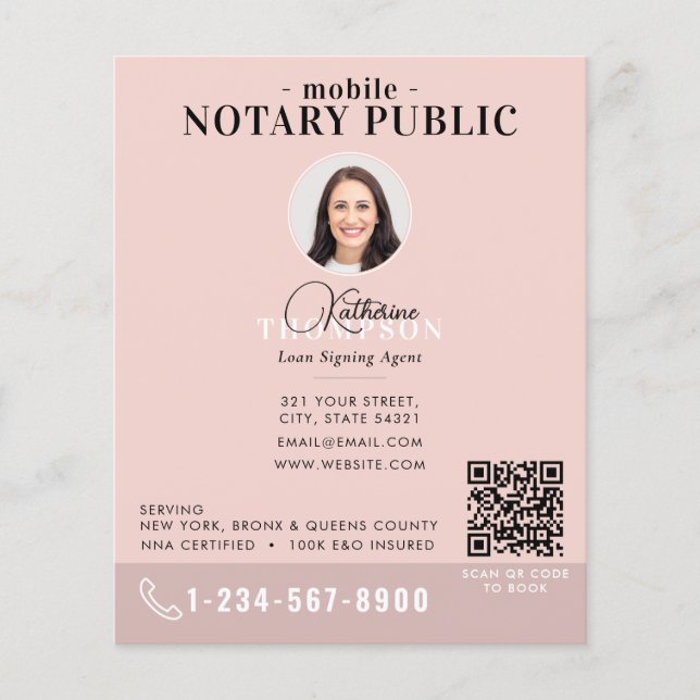 Notary Signing Agent Modern Pink Photo QR Code Flyer (Front)