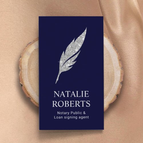Notary Signing Agent Modern Silver Quill Logo Navy Business Card
