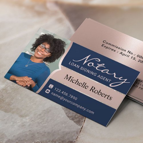 Notary Signing Agent Navy  Rose Gold Photo Business Card
