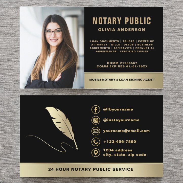 Notary Signing Agent Photo Black Gold Business Card