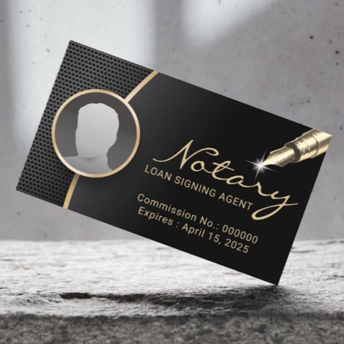 Notary Signing Agent Professional Black Gold Photo Business Card