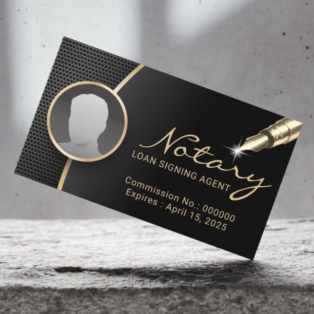 Notary Signing Agent Professional Black Gold Photo Business Card (Creator Uploaded)