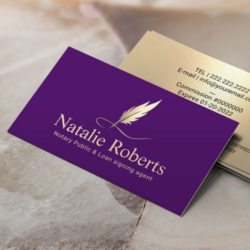 Notary Signing Agent Purple  Gold Quill Logo  Business Card