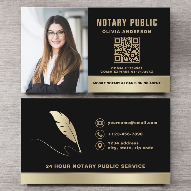 Notary Signing Agent QR Code Photo Black & Gold Business Card (Creator Uploaded)