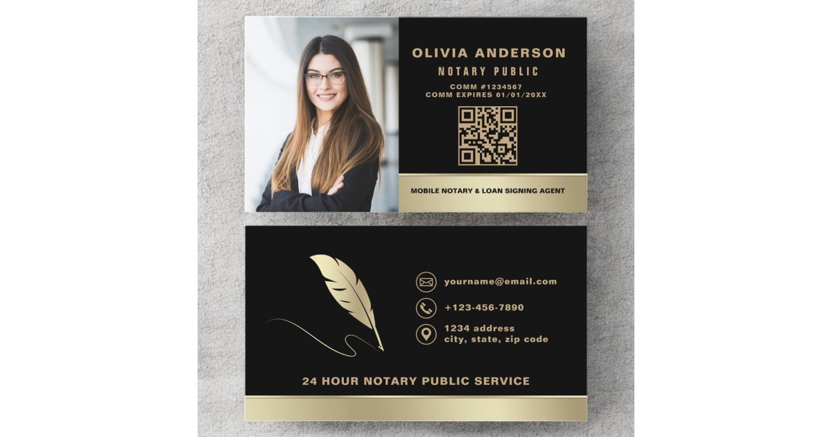 Notary Signing Agent QR Code Photo Black & Gold Business Card | Zazzle