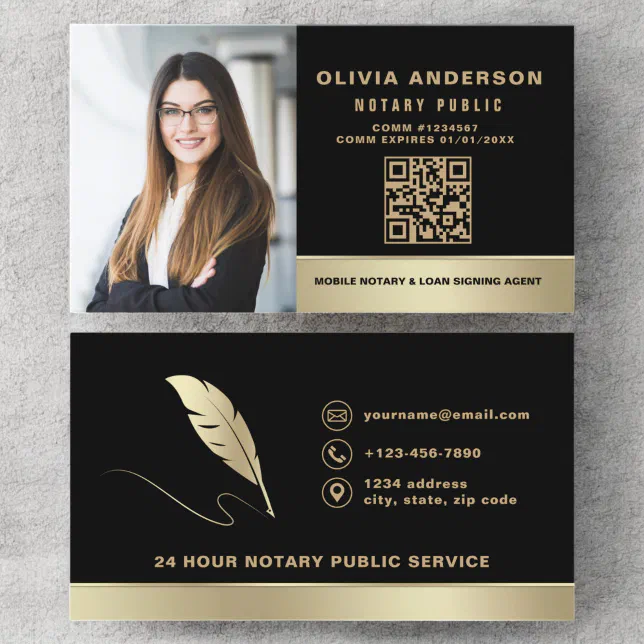Notary Signing Agent QR Code Photo Black & Gold Business Card | Zazzle