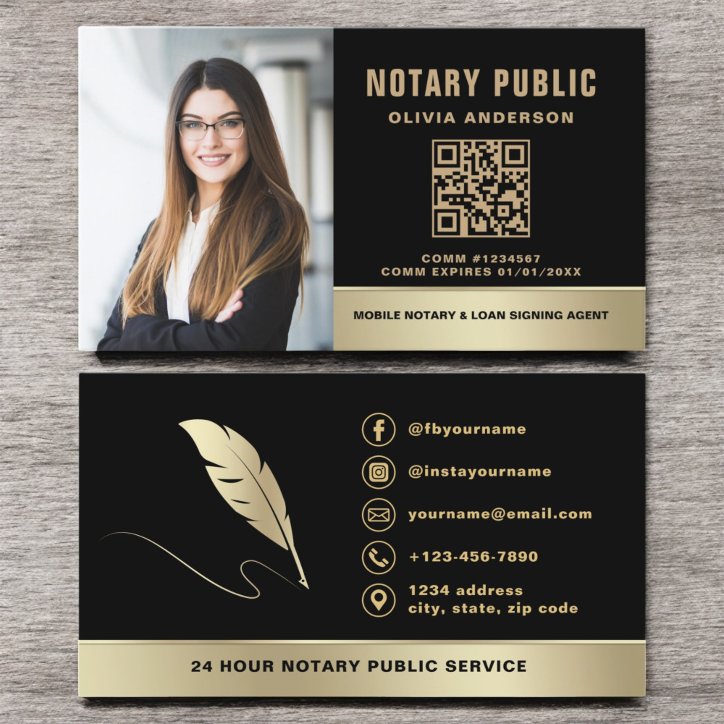 Notary Signing Agent QR Code Photo Black Gold Business Card
