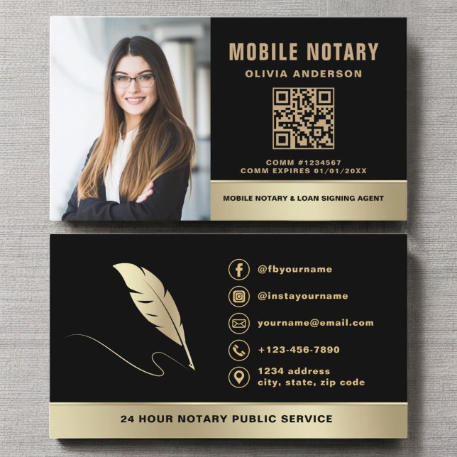 Notary Signing Agent QR Code Photo Black & Gold Business Card (Creator Uploaded)