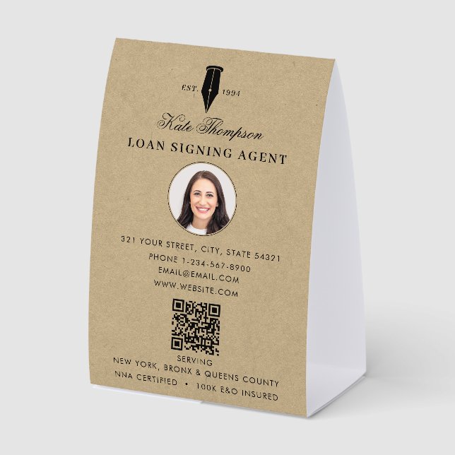 Notary Signing Agent QR Code Rustic Kraft Photo Paper Table Tent (Front)