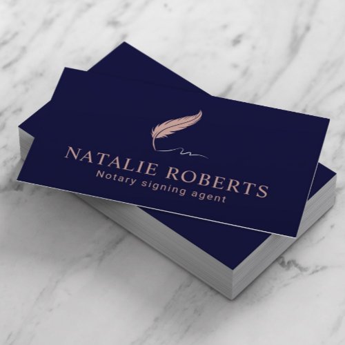 Notary Signing Agent Quill Logo Navy  Rose Gold Business Card