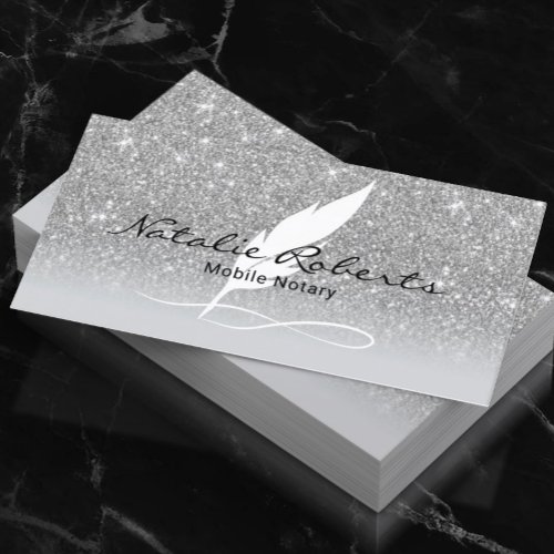 Notary Signing Agent Quill Pen Silver Glitter Business Card