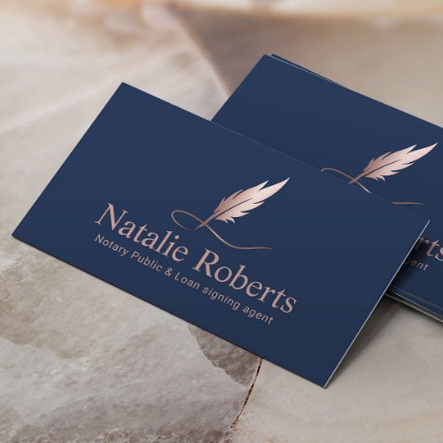 Notary Signing Agent Rose Gold Quill Logo Navy Business Card