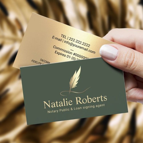 Notary Signing Agent Sage Green  Gold Quill Logo  Business Card